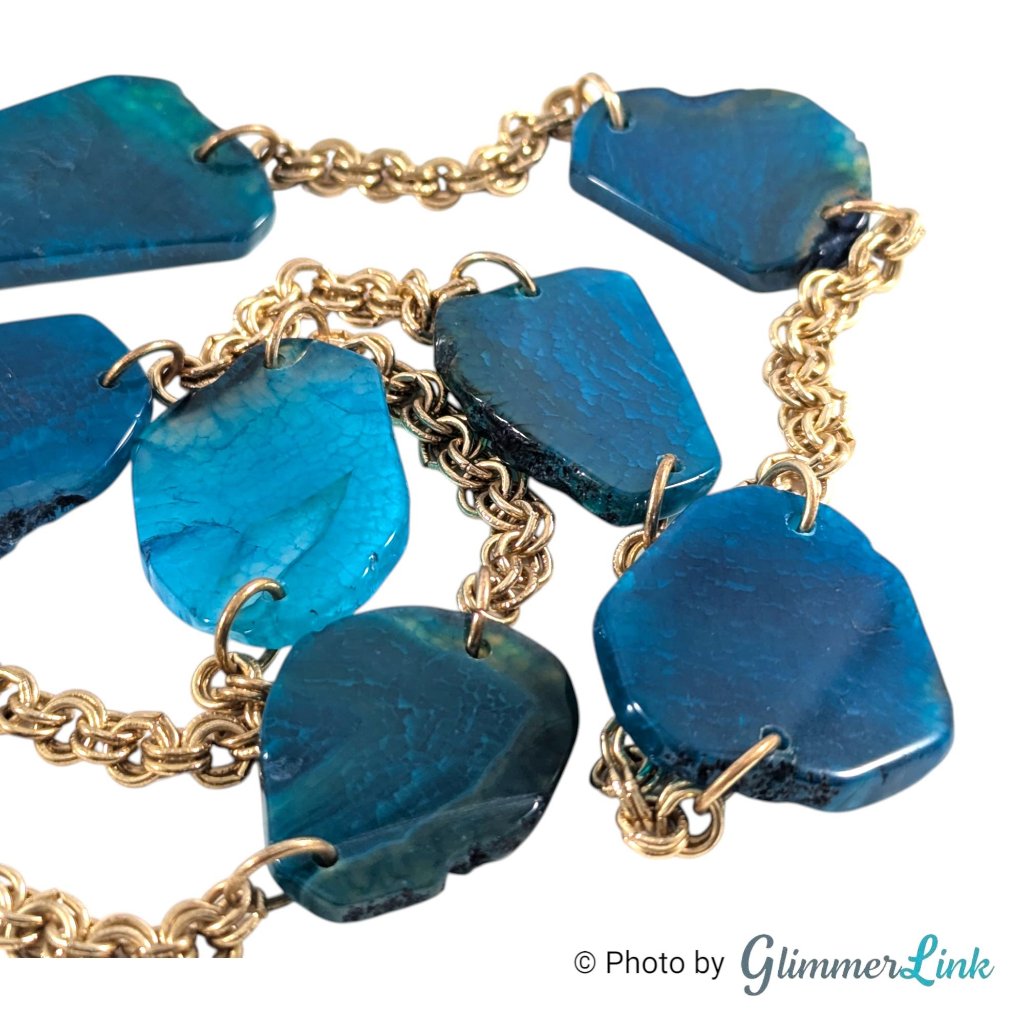 Vintage Rg Graziano Blue Agate Long Gold Tone Necklace 36 Inch Layering Station